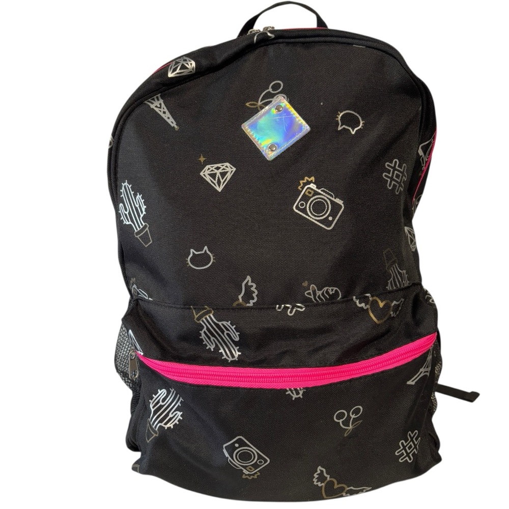 Claire’s graffiti print backpack lots of pockets whimsy goth hot pink & black